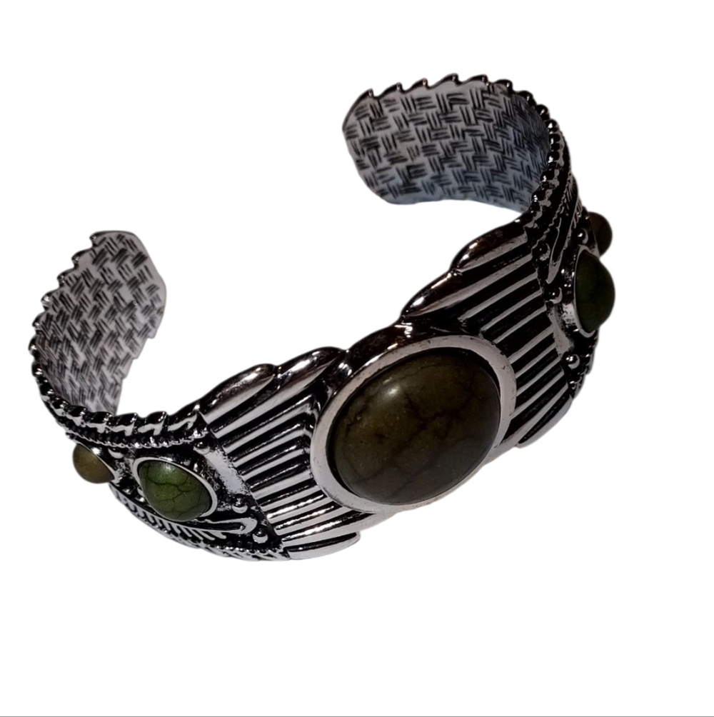 Silver Cuff Bracelet with Faux Green Stones